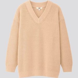 Beige oversized V-neck long sweater